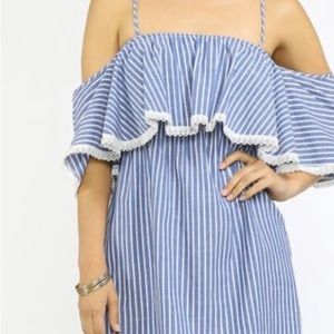 Blue and white striped off shoulder flounce dress from Flying Tomato.